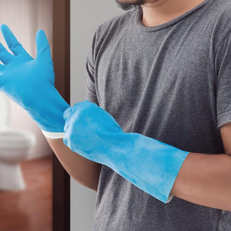 Asian man is preparing all equipments for cleaning toilet. Hands on blue gloves.